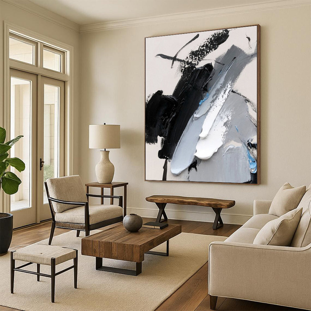 Black, Gray, White & Blue Abstract Strokes, “Chilled Dynamism” - Impasto Abstract Painting CT0777