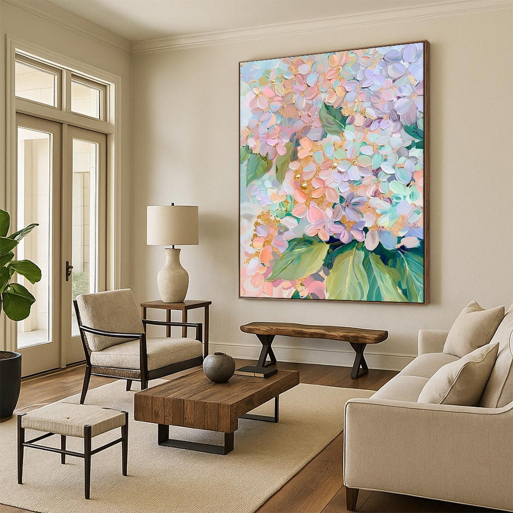 “Pastel Hydrangeas with Gold” – Impasto Floral Painting On Canvas CT2111