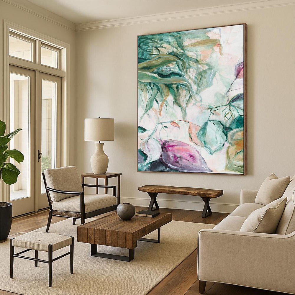 Green Leaves, Pink Blooms - "Dreamy Botanicals" - Abstract Floral Painting CT1850