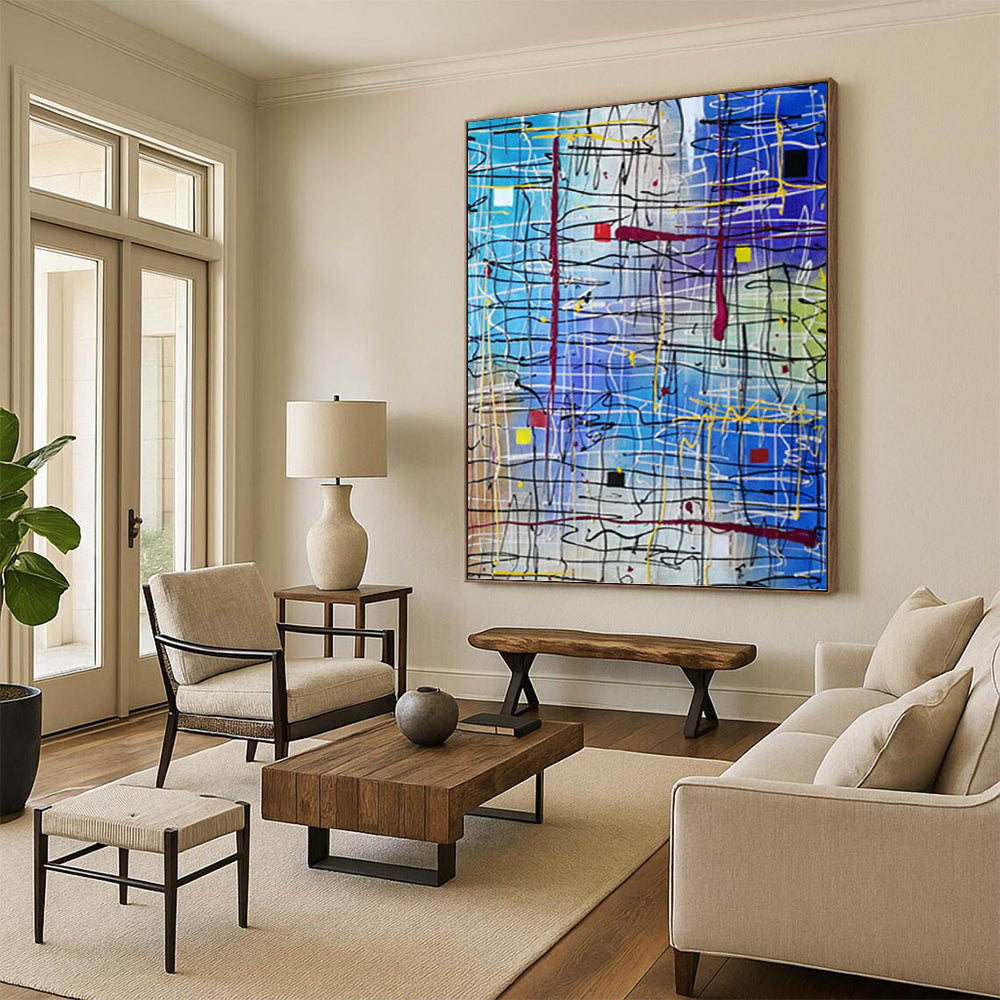 “Vibrant Line Fusion” - Blue & Multicolor Abstract Line Painting On Canvas DKH1583