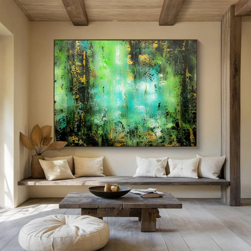 “Emerald & Gold Forest Whispers” - Green, Blue & Yellow Abstract Landscape Painting On Canvas DKH921