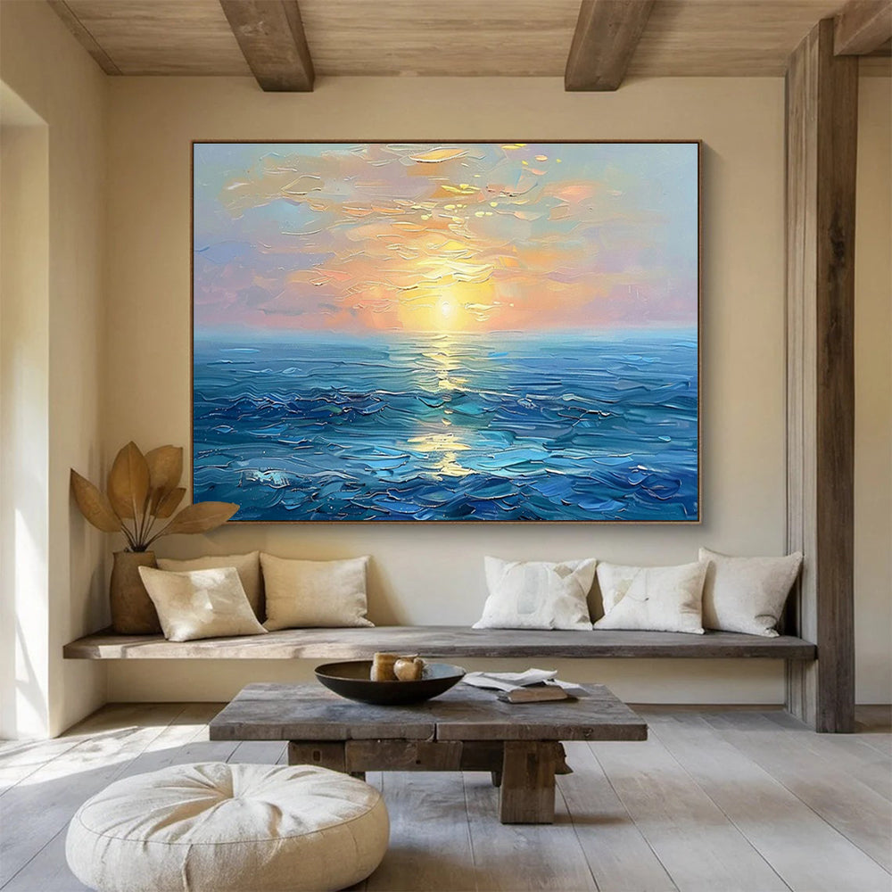 “Sunset Over the Sea” - Blue, Orange, Yellow Impressionistic Seascape Painting On Canvas DKH767