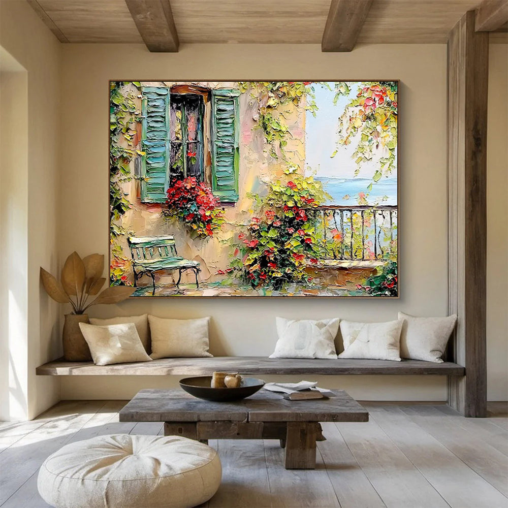 “Mediterranean Escape” - Green, Yellow, Red Floral & Architectural Oil Painting On Canvas DKH692