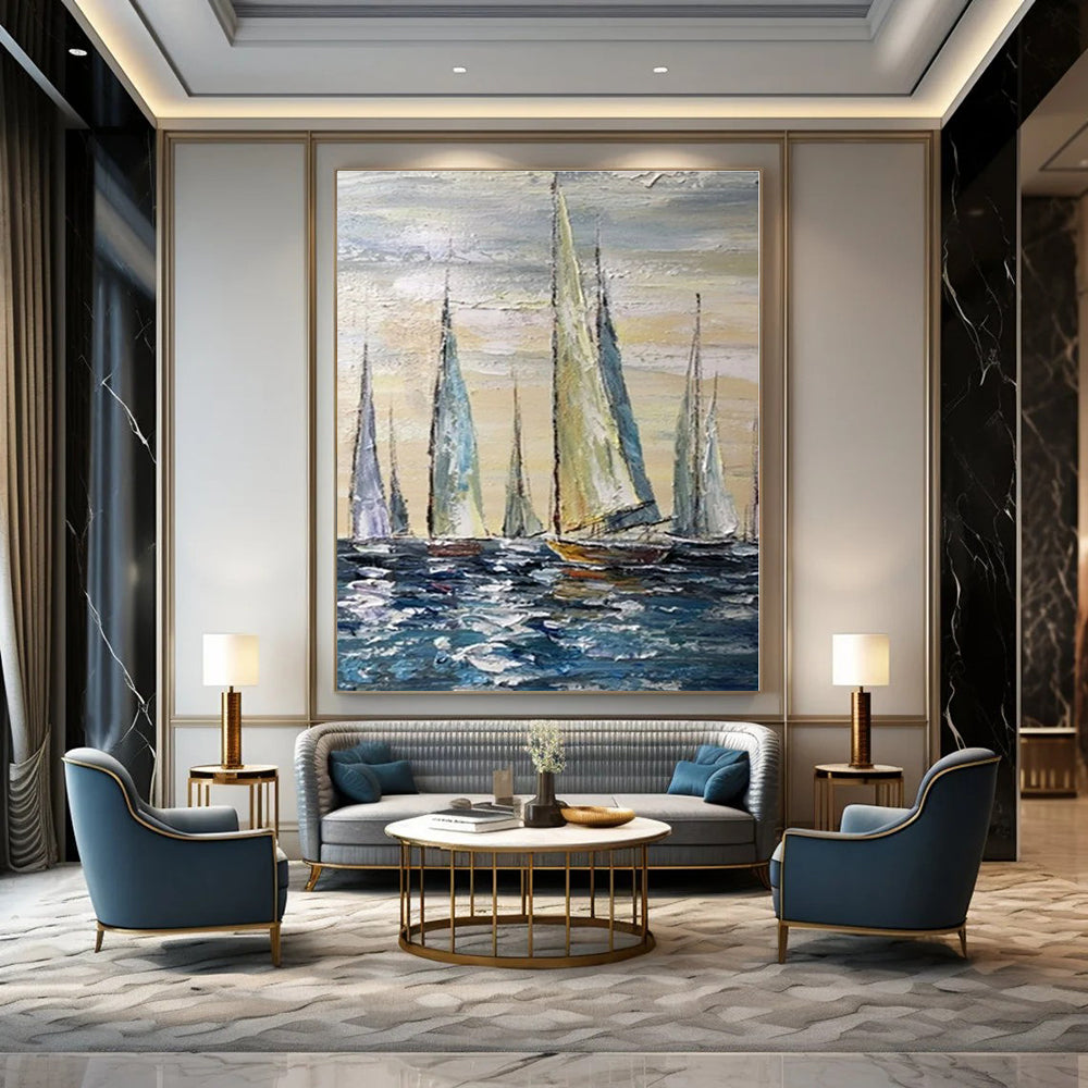 Colorful Sailboats on Blue Sea - Impressionist Oil On Canvas CT1302