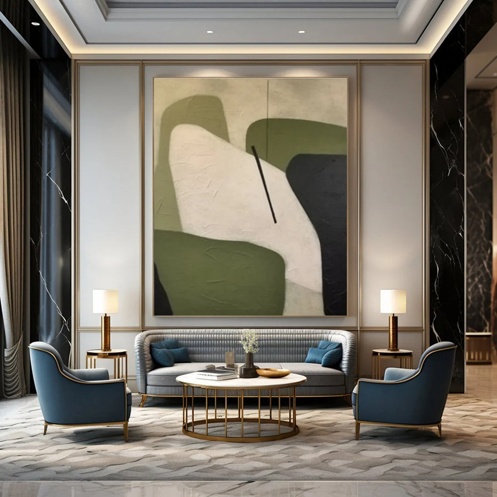Green, White & Black Organic Shapes - "Nature’s Simplicity" - Abstract Geometric Painting CT1470