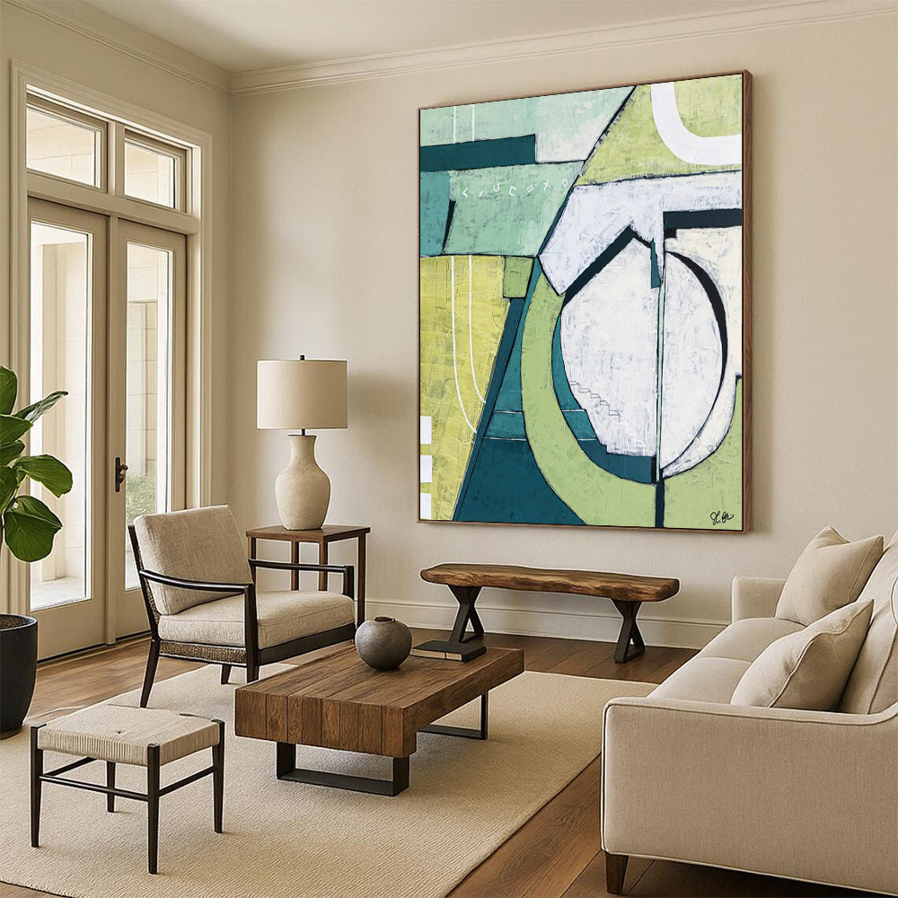 Mint and Olive Geometric Abstraction - A Calm, Structured Vision Painting On Canvas CT2375