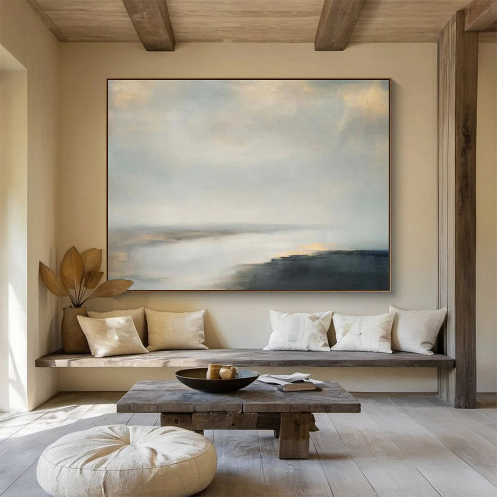 Soft Gray and Beige Seascapes “Foggy Morning Tide” Painting On Canvas DKH108