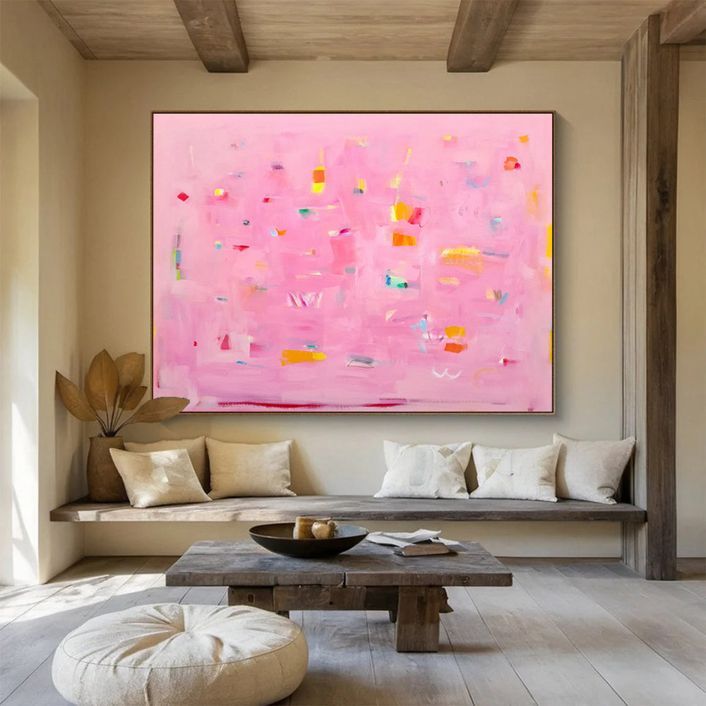 Pink Abstract with Colorful Accents - Playful Shapes and Soft Hues Painting On Canvas DKH051