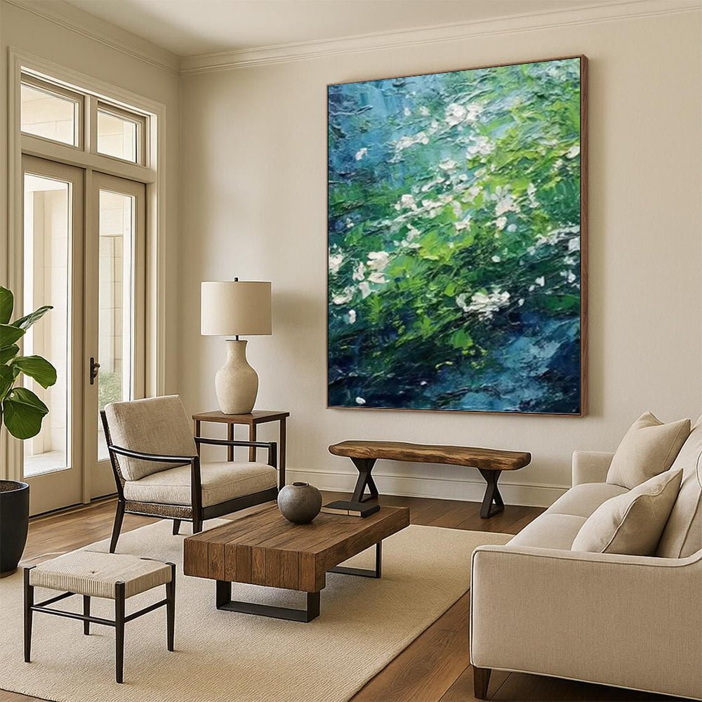 Green and Blue Floral Stream - Impasto Landscape Painting On Canvas DKH1404