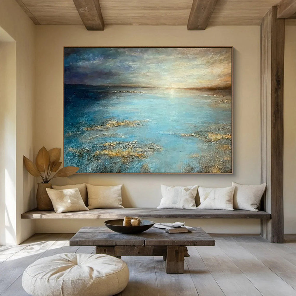 “Golden - Hued Blue Sea and Sky” - Impressionistic Seascape Painting On Canvas DKH771