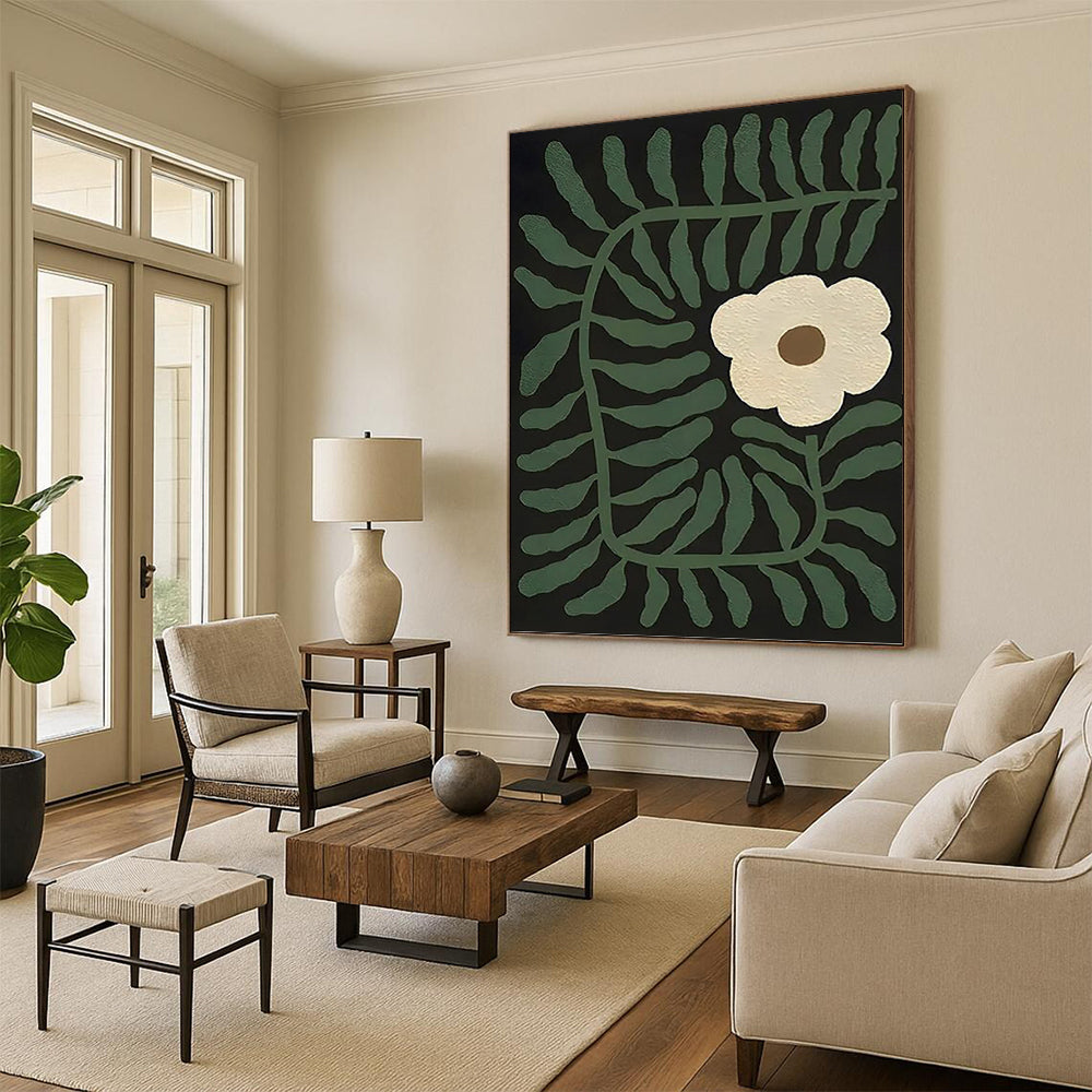 “Green - Leafed and White - Flowered Abstract” - Nature - Inspired Painting On Canvas DKH1115
