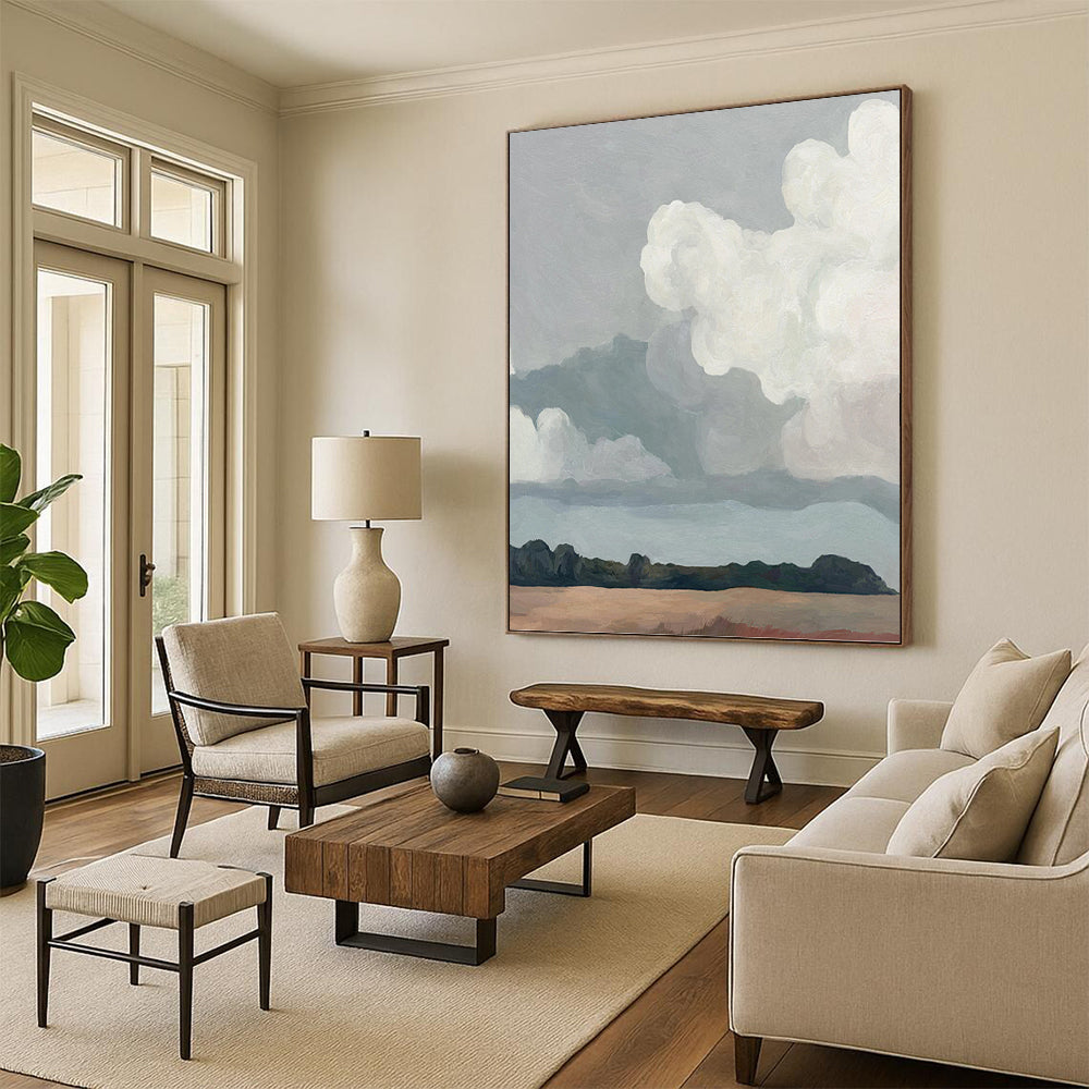 Minimalist Clouds Over Landscape - Landscape Painting On Canvas DKH1430