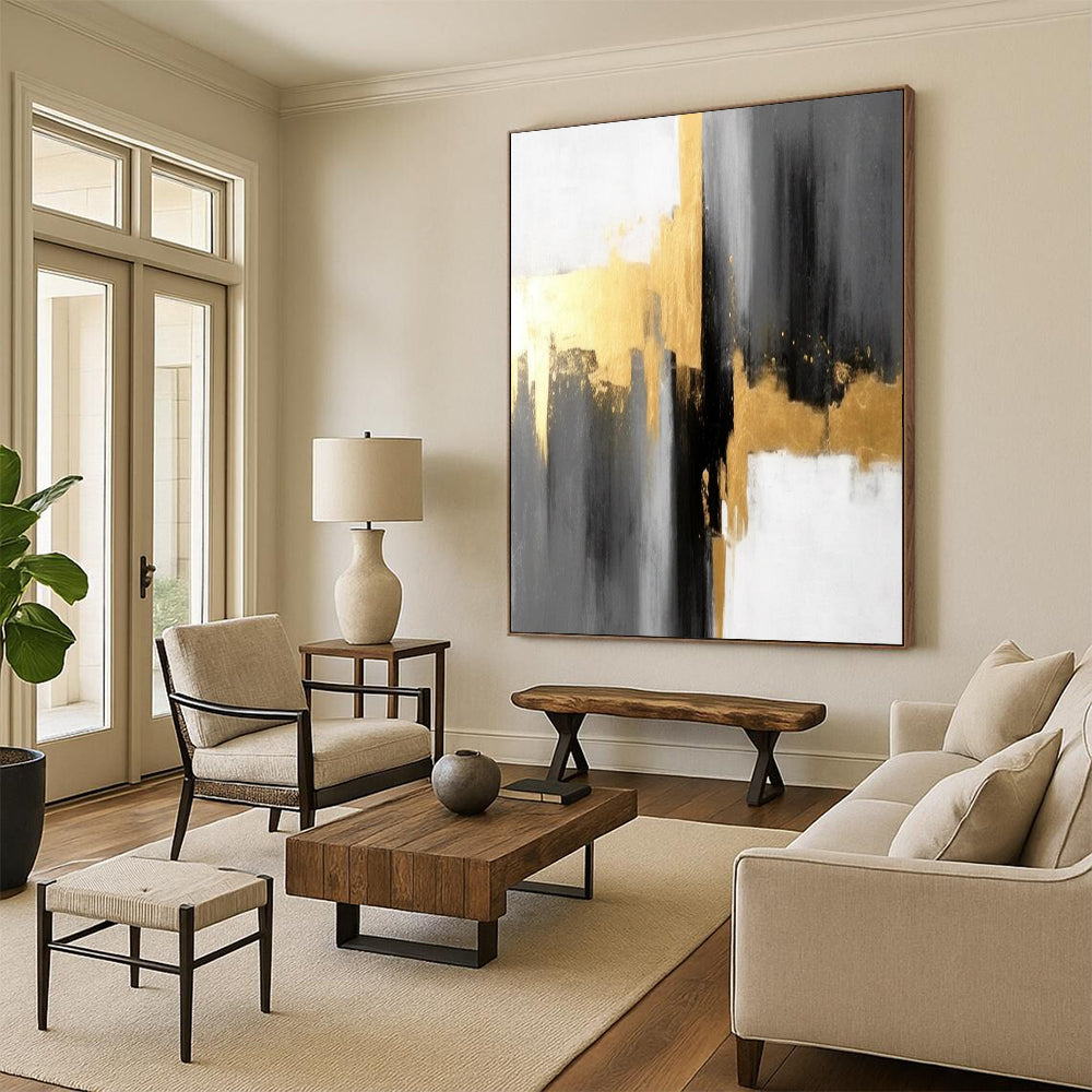 “Gray - Gold - White Abstract” - Abstract Expressionist Painting On Canvas DTP076