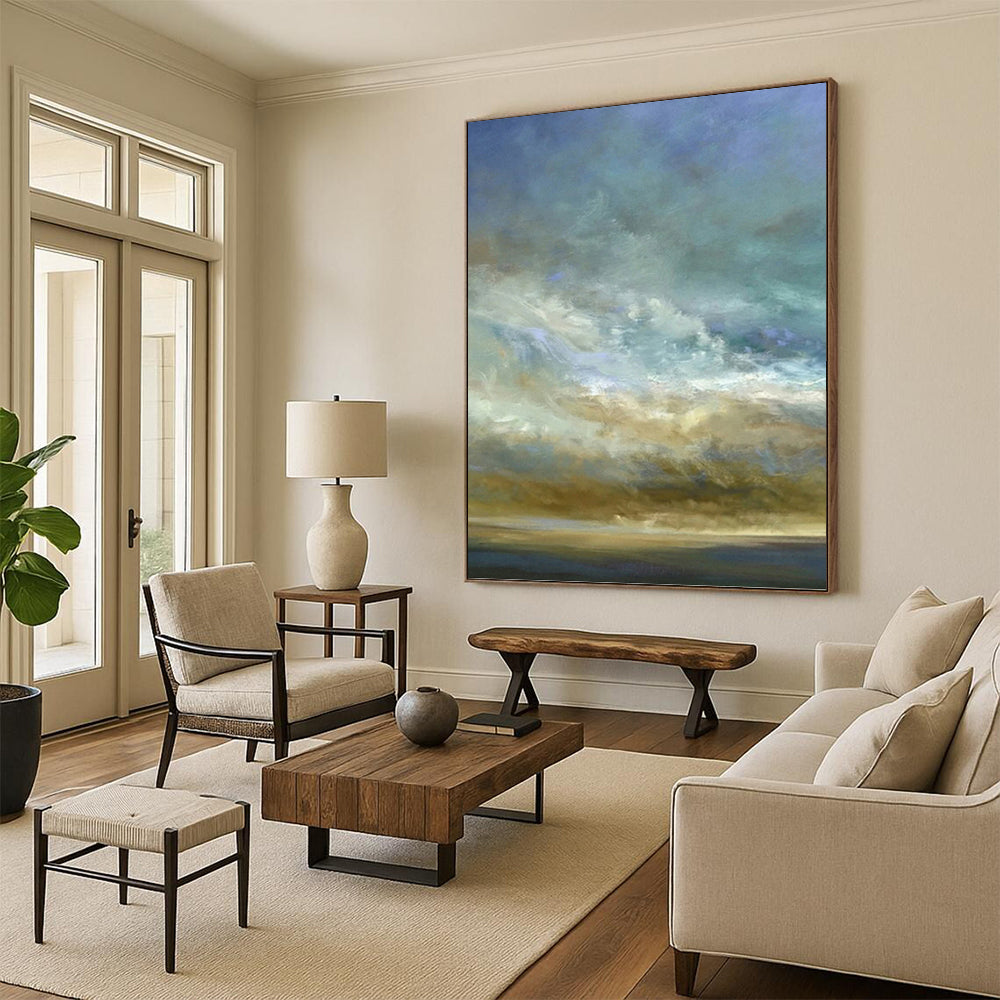 “Sky & Sea in Soft Hues” - Blue, Beige & White Impressionistic Painting On Canvas DKH0953