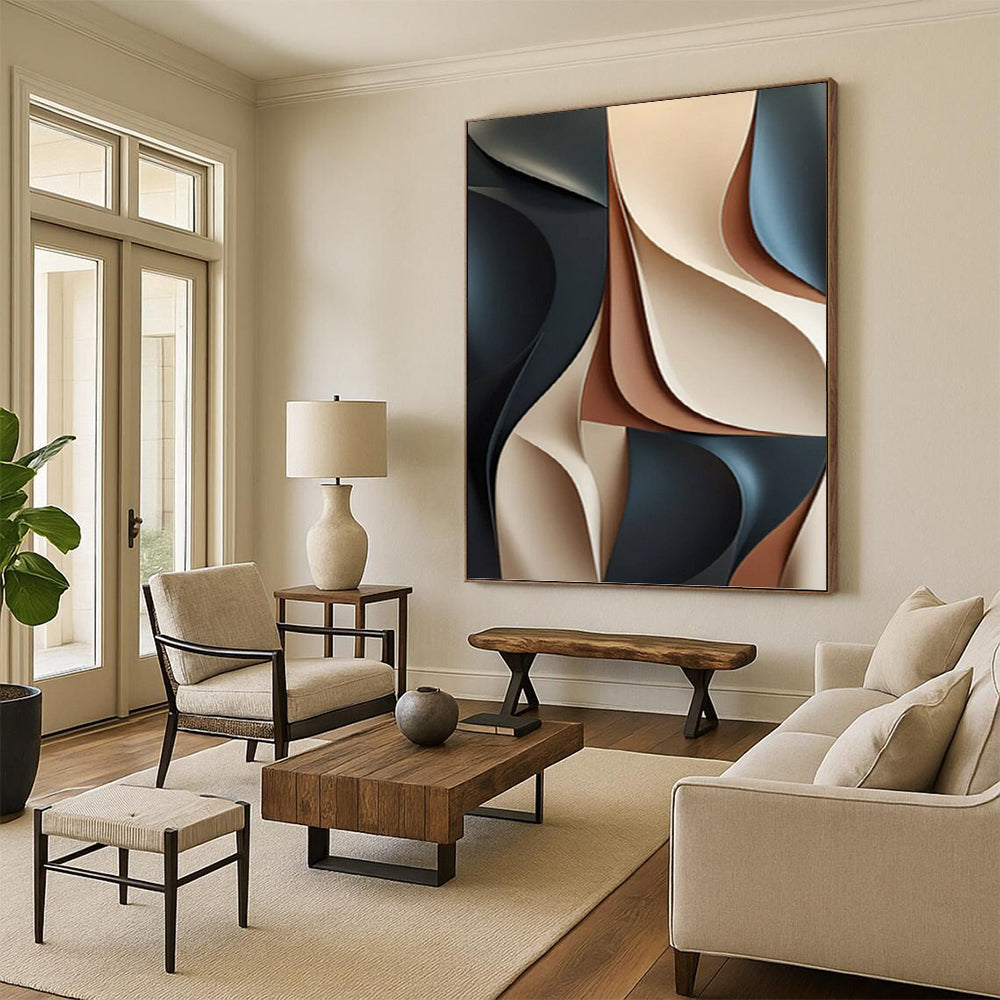 “3D - Effect Neutral Abstract” - Black, Beige, Brown & Gray Sculptural Painting On Canvas DKH1023