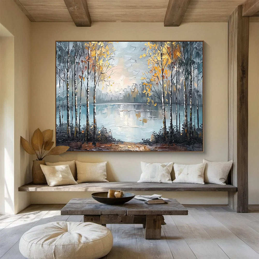 Autumn Forest Lake - Gray, Blue & Yellow Landscape Painting On Canvas DKH904