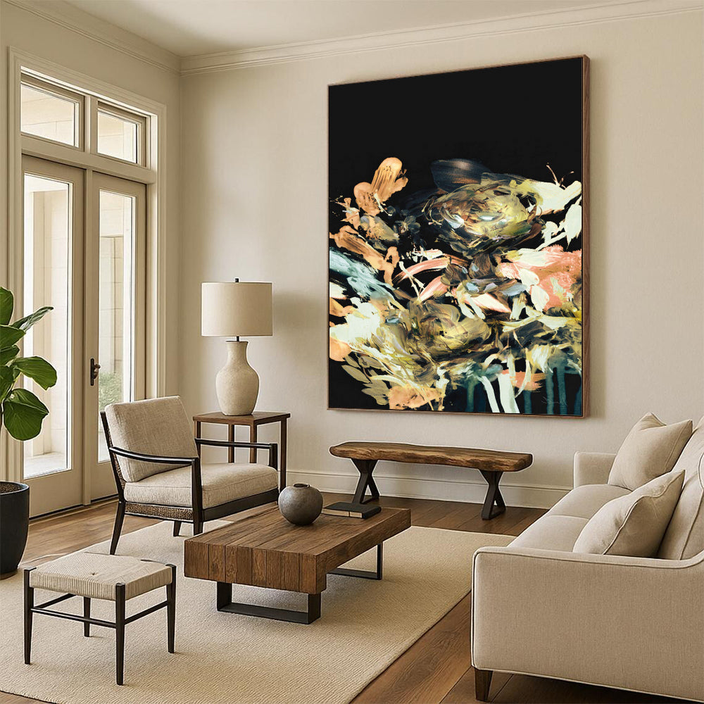“Gilded Floral Burst on Black” - Impressionistic Floral Painting On Canvas DTP171