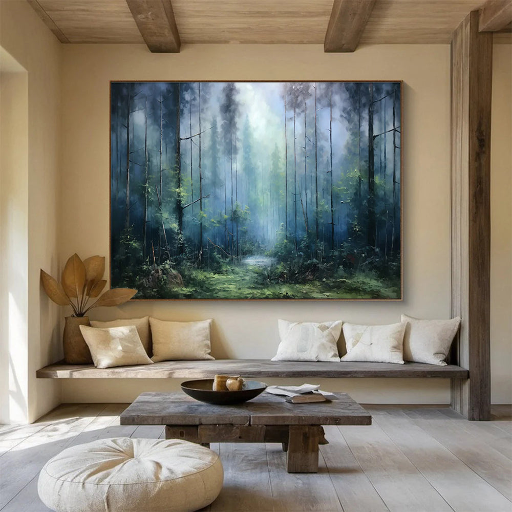 “Misty Forest Path - Cool Blue & Green Landscape Painting On Canvas” DKH869