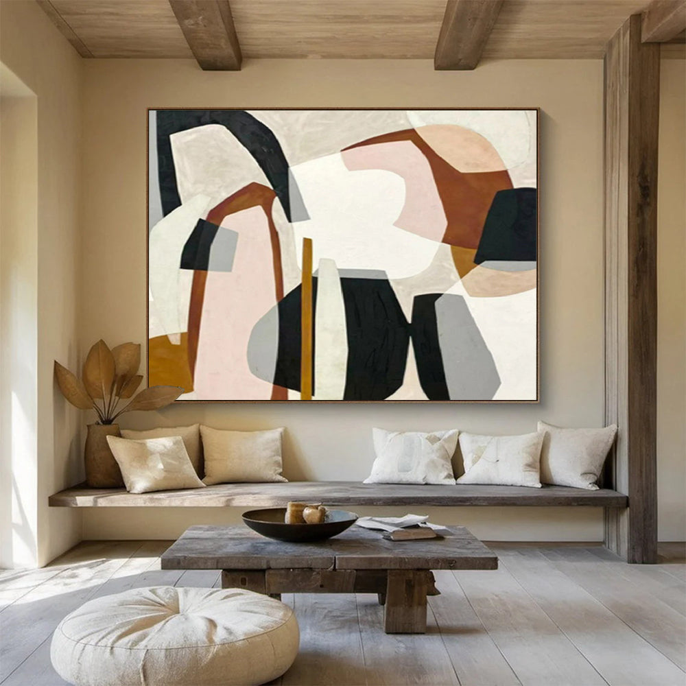 Soft - Toned Abstract Shapes with Beige, Pink, and Black, Minimalist Geometric Painting On Canvas DKH581