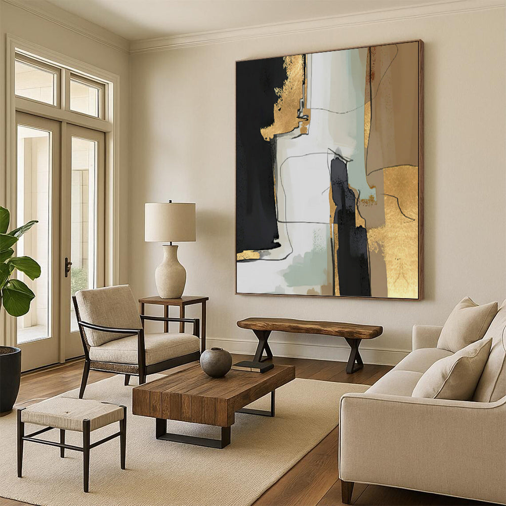 “Gilded Urbanity” - Black, Gold, Beige & Green Abstract Cityscape - Inspired Painting On Canvas DKH1524