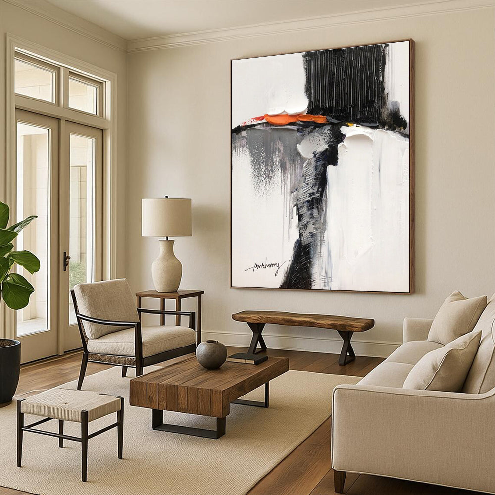 “Black - White - Orange - Gray Textured Figure” ,Abstract Acrylic Painting CT0791