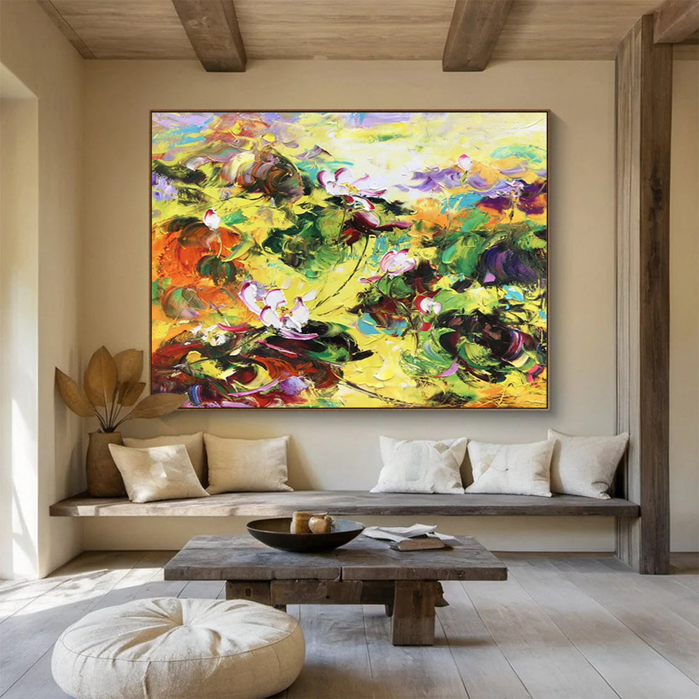 Vibrant Lotus Pond - Expressionistic Floral Painting On Canvas DKH635