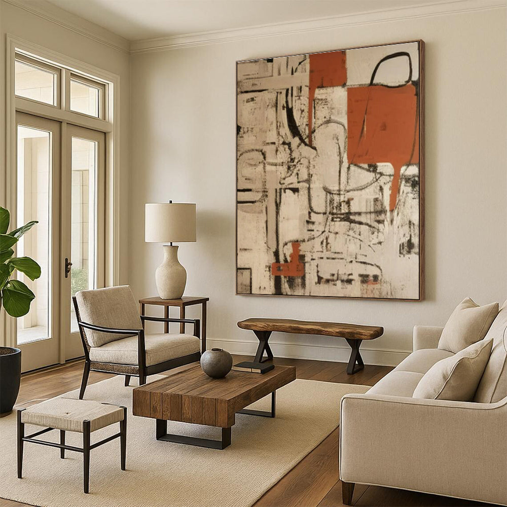 “Beige - Black - Orange Abstract Networks” ,Abstract Oil Painting CT0835