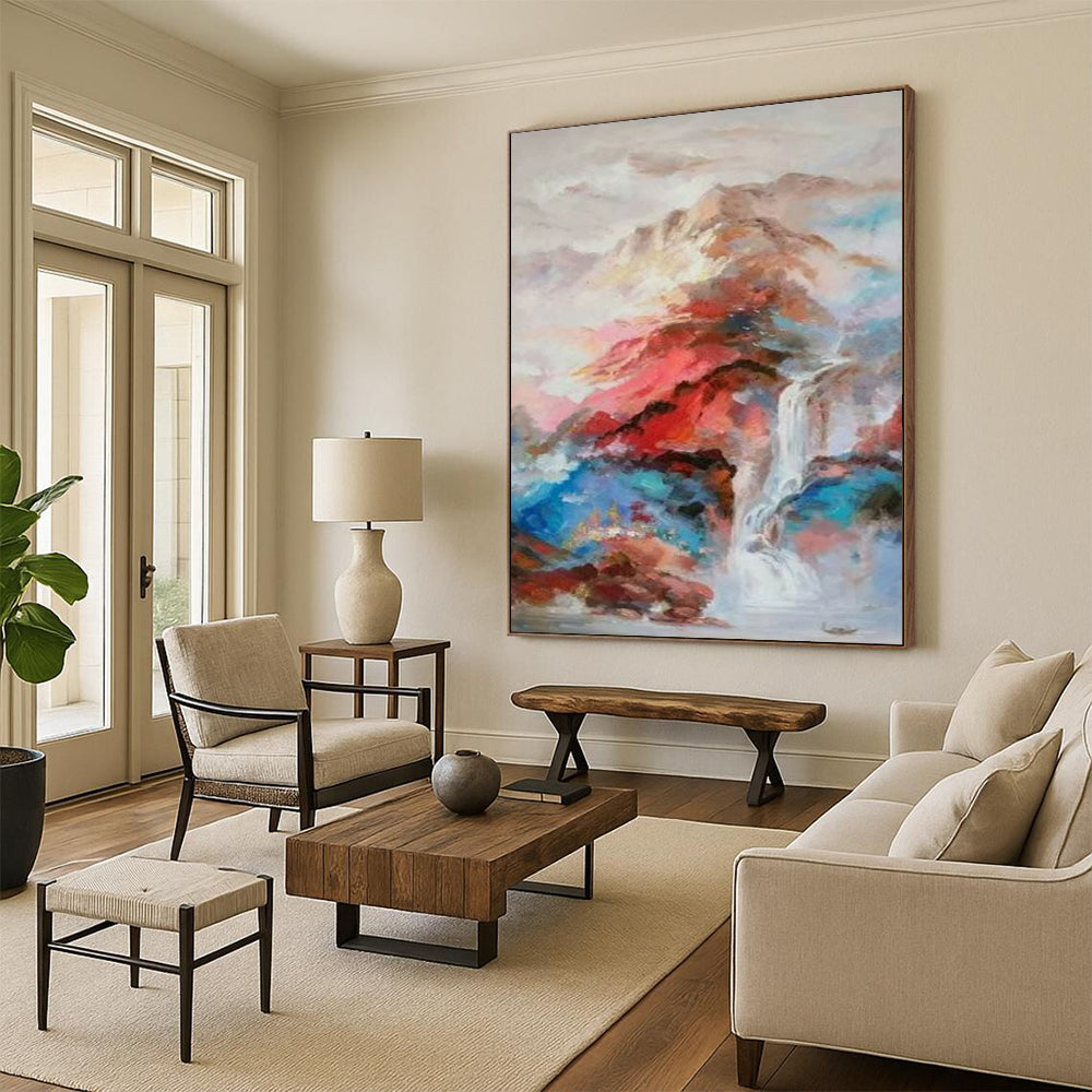 “Colorful Abstract Landscape with Waterfall” - Abstract Painting On Canvas CT2346