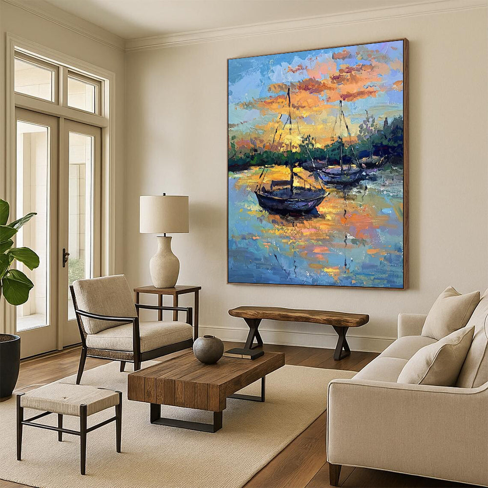 “Harbor at Sunset: Boats in Fiery Skies” - Impressionist Maritime Oil on Canvas CT1882