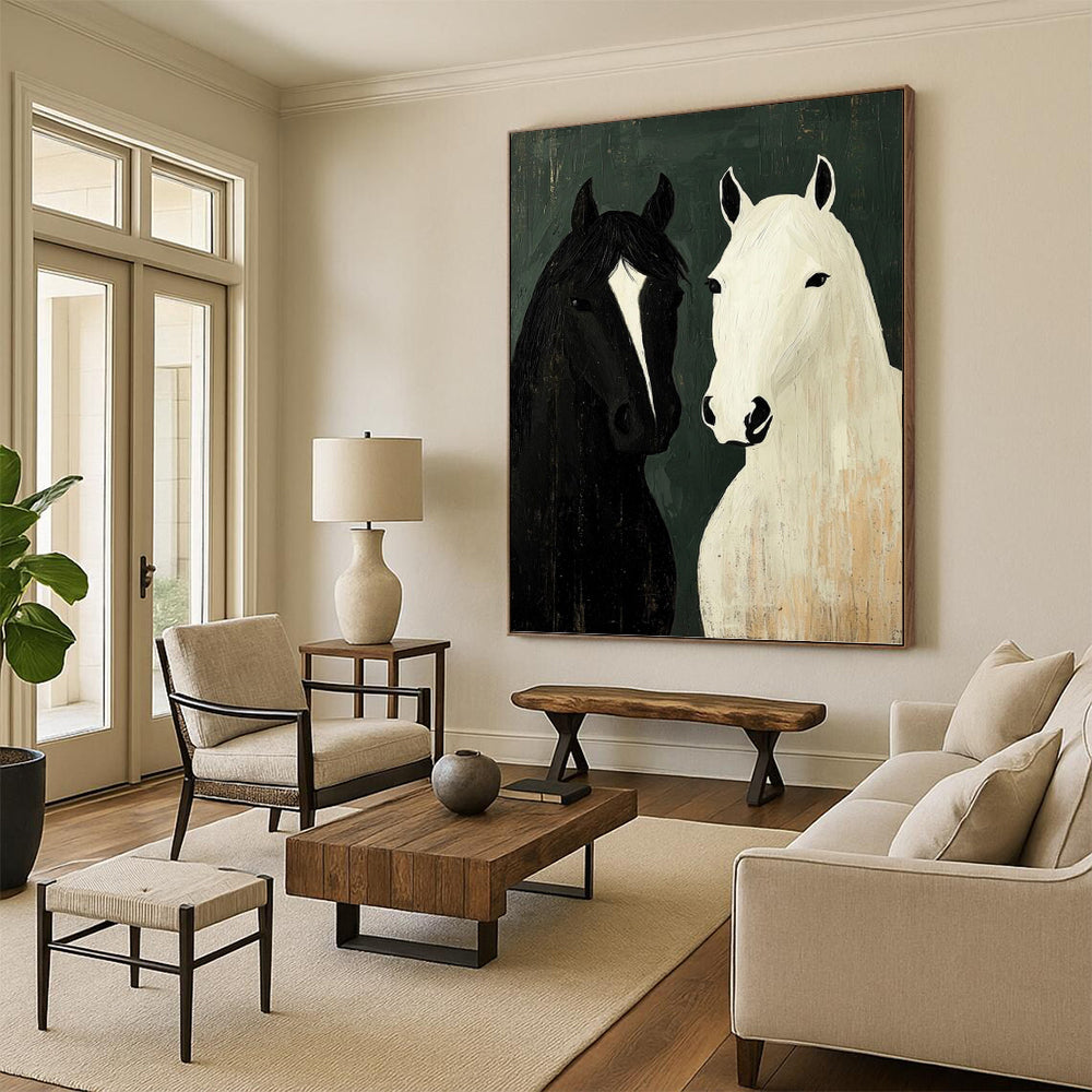 “Two Horses Portrait” - Black, White & Green Folk - Art - Style Painting On Canvas DKH1003