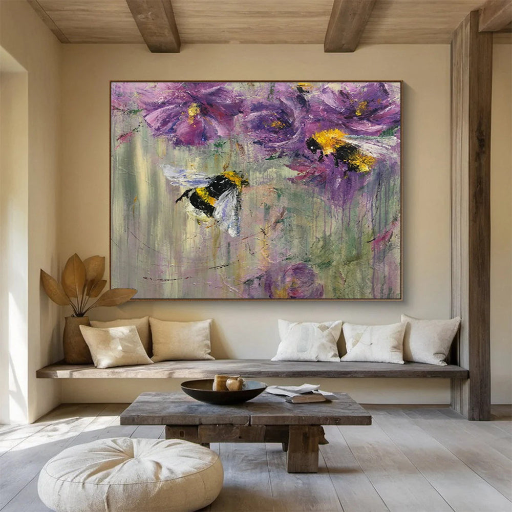 “Buzzy Floral Delight” - Purple, Yellow, Black Bee & Flower Impressionistic Painting On Canvas DKH718