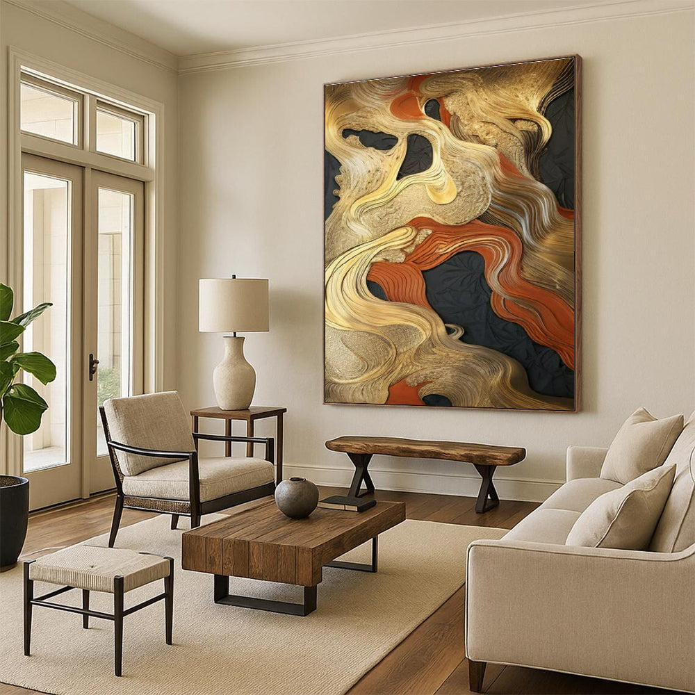 “Gold - Red - Black Abstract Waves” ,Abstract Textured Painting CT0822