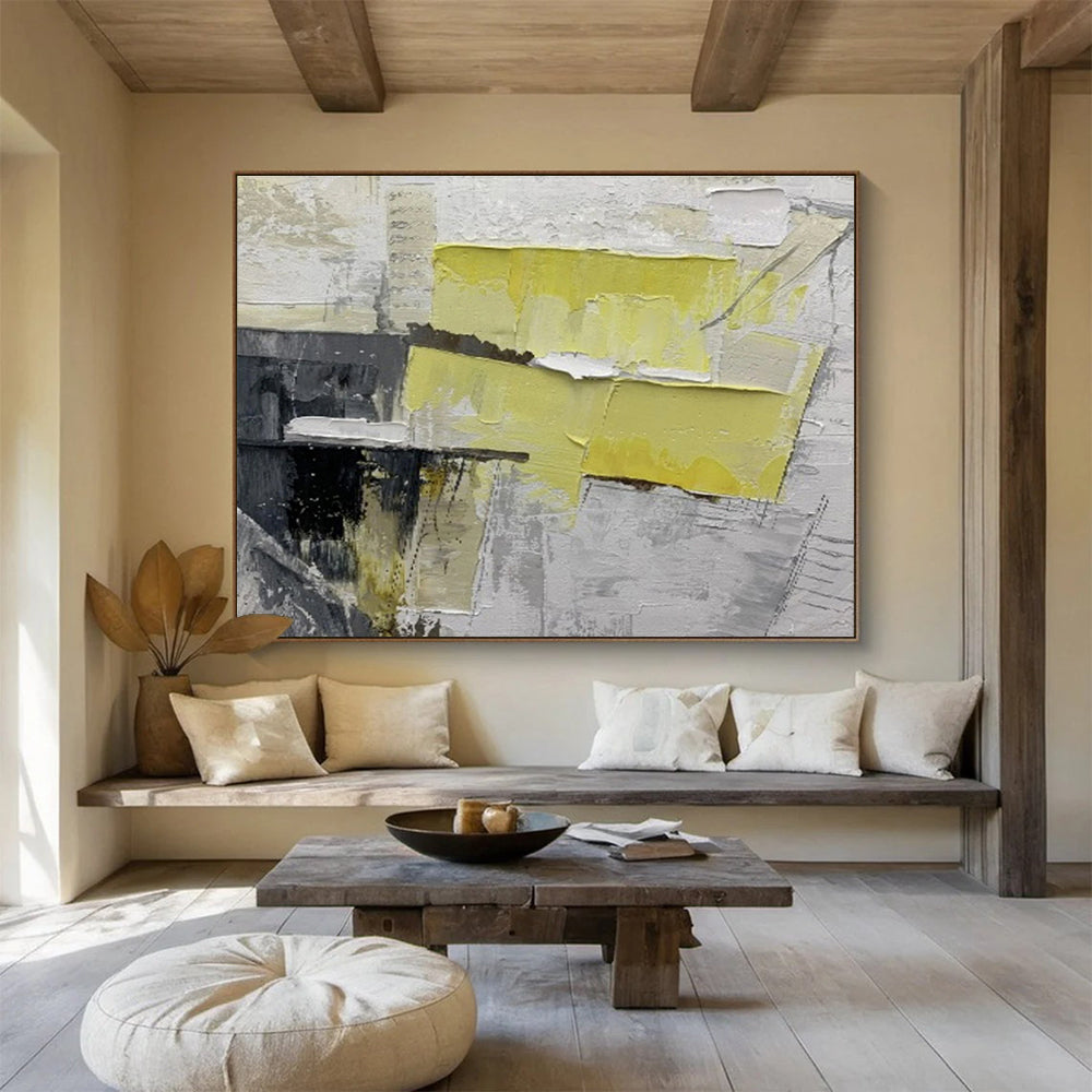 Bold Yellow and Gray Collage - Abstract Mixed - Media Painting On Canvas DKH595