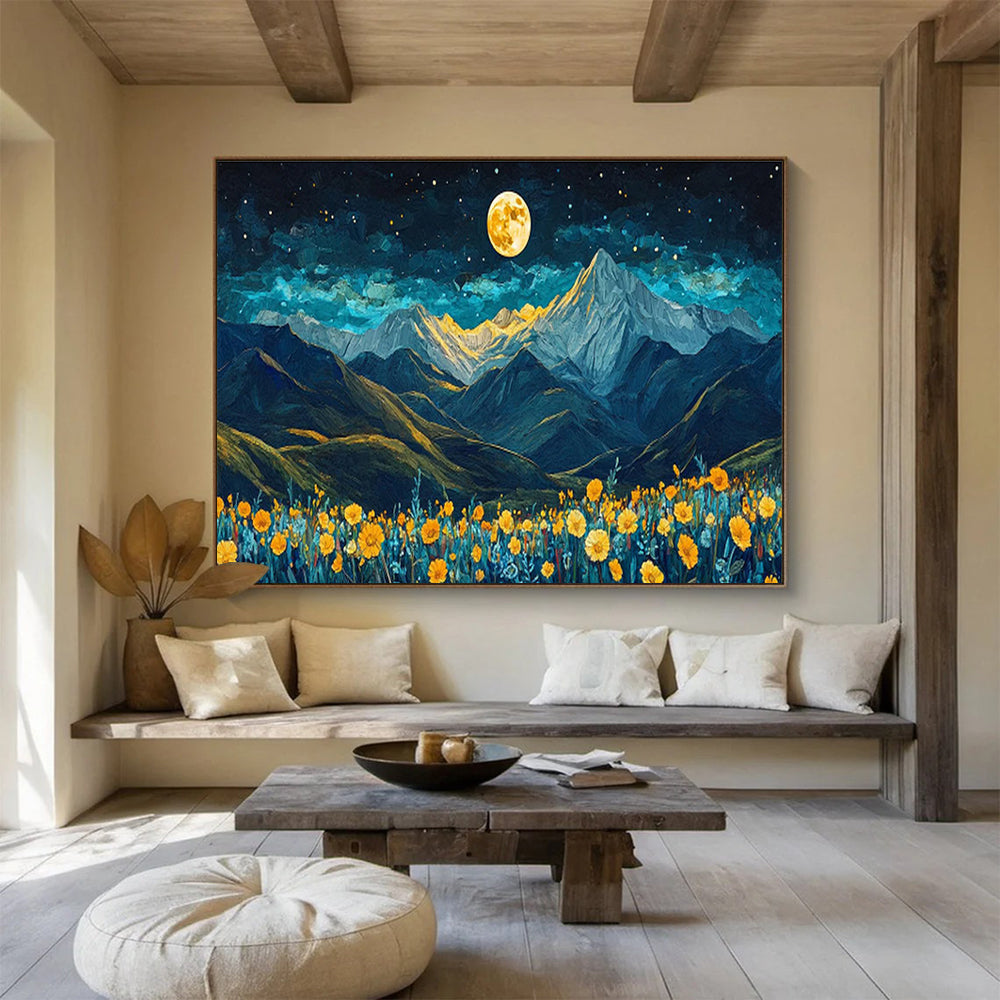 “Moonlit Peaks & Blooms” - Blue, Yellow, Gold Landscape Fantasy Painting On Canvas DKH694
