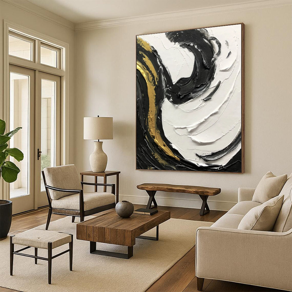“Black, White, Gold Swirl ‘Elegant Dynamism’” - Impasto Abstract Painting On Canvas DTP381