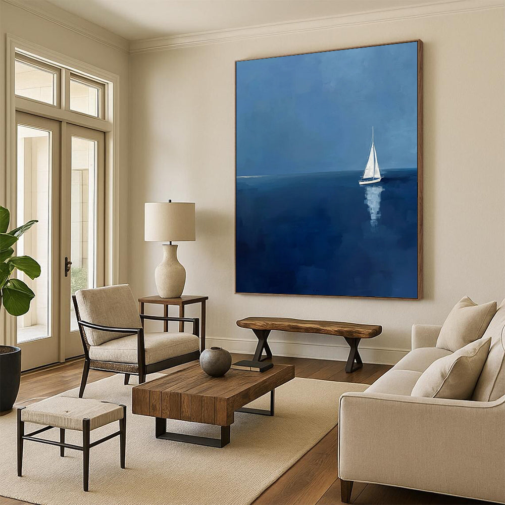 “Sailboat at Sea” - Blue & White Seascape Painting On Canvas CT2230