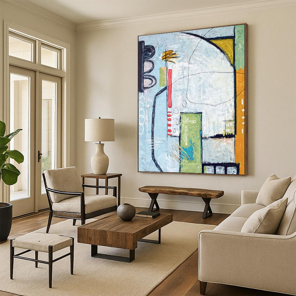 Urban Abstract with Traffic Light Motif - Blues, Greens, and Pops of Red Painting On Canvas CT2374
