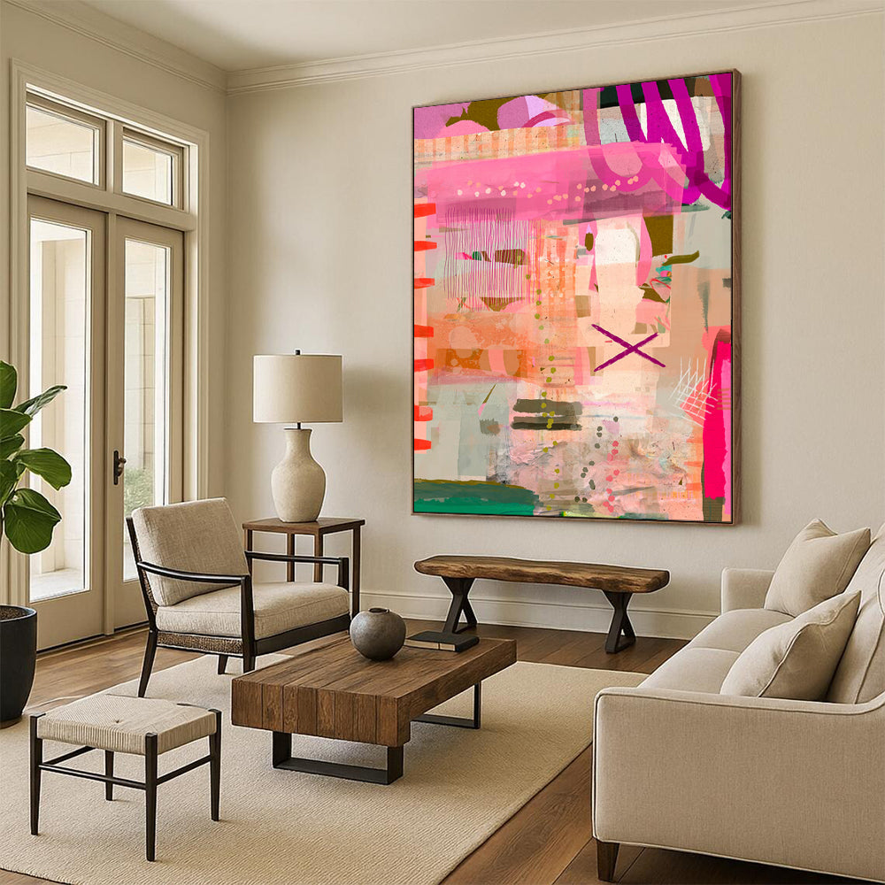 Pink, Orange, Playful Patterns - "Pink Pop Fiesta" - Abstract Mixed - media Art CT1816