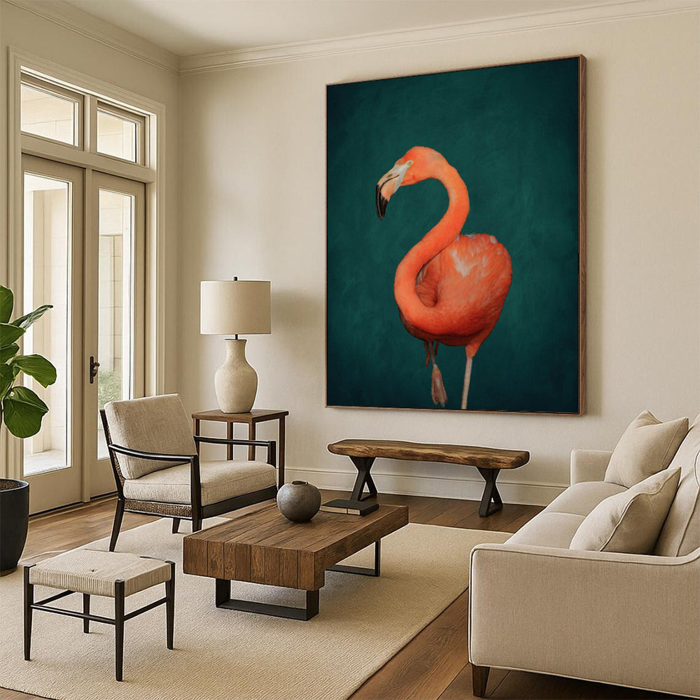 Vibrant Orange Flamingo Dark Green Realist Stylized Wildlife Art CT1920