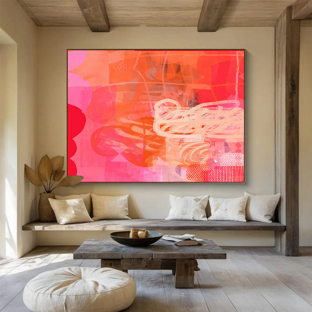 Pink and Orange Abstract - Bold Hues and Expressive Marks Painting On Canvas DKH067
