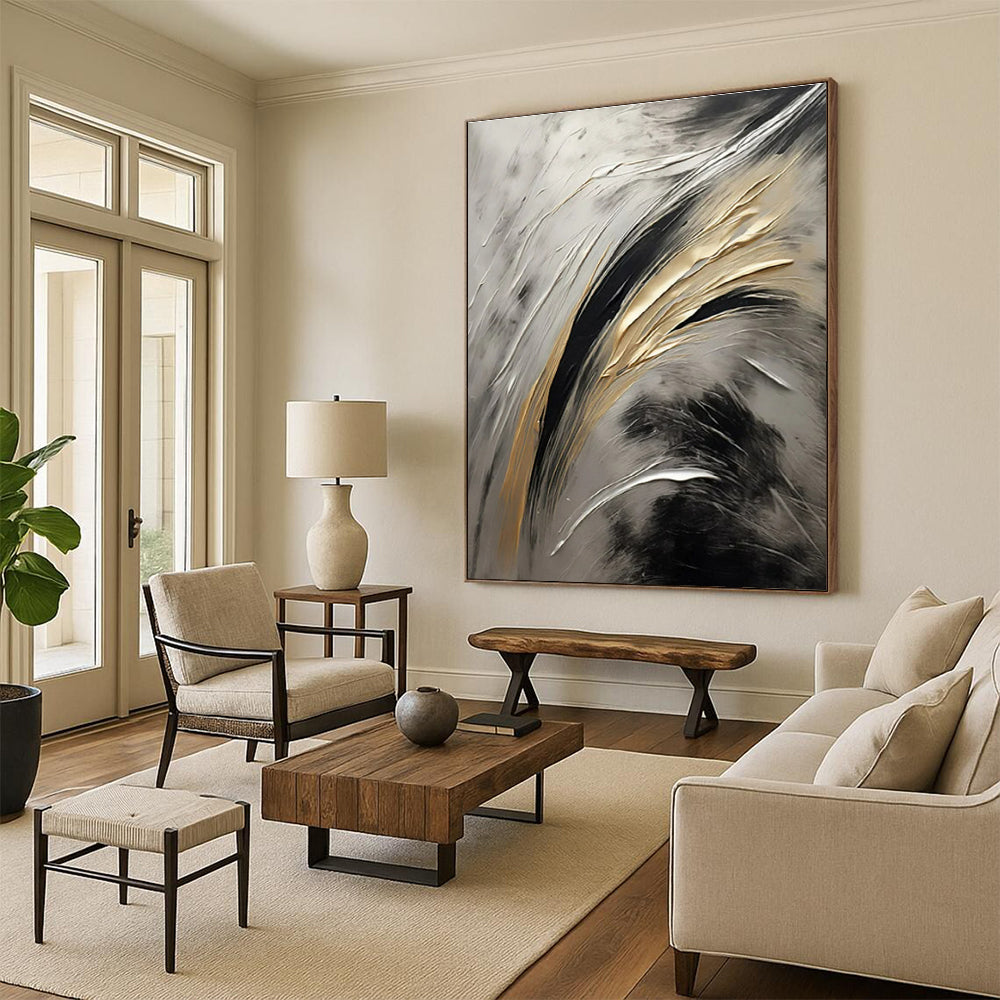 “Gray - Black - Gold Flowing Textures” ,Abstract Acrylic Painting CT0834