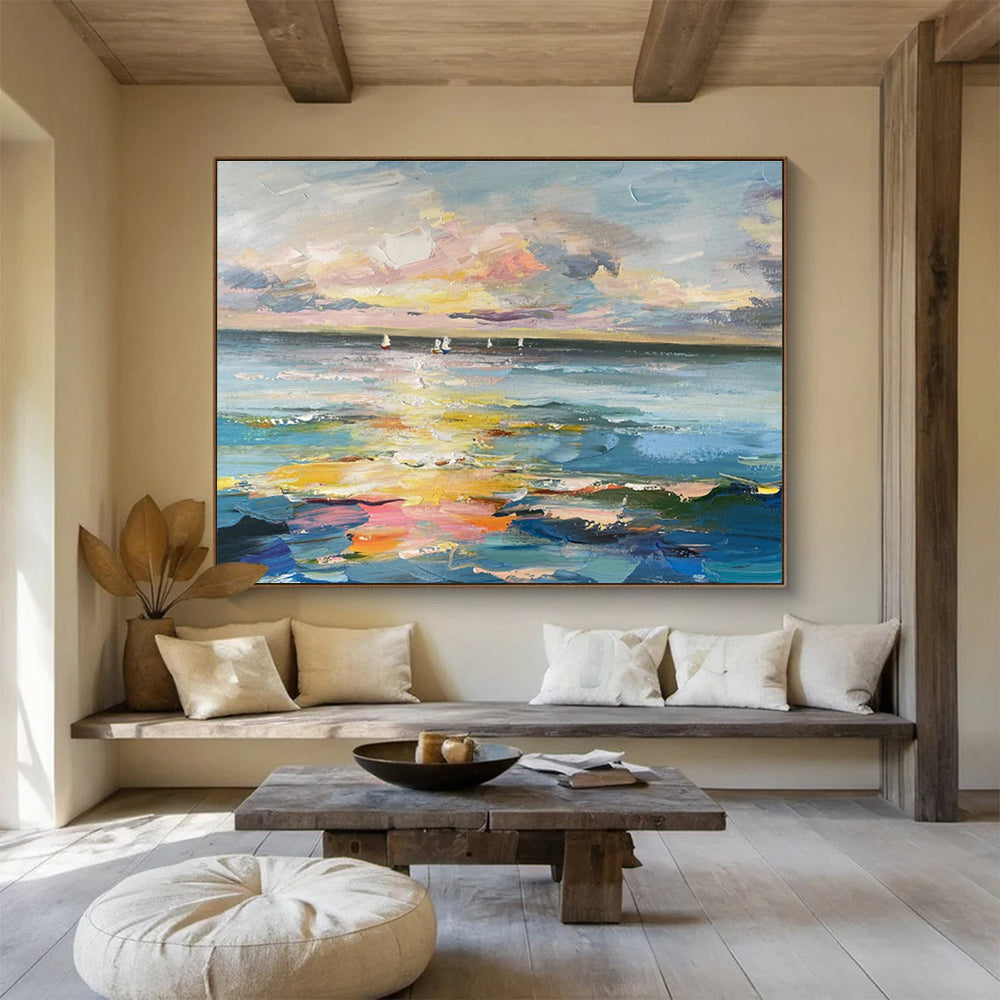 Colorful Sunset, Ocean, and Sailboats “Sailors’ Dusk Delight” Painting On Canvas DKH115