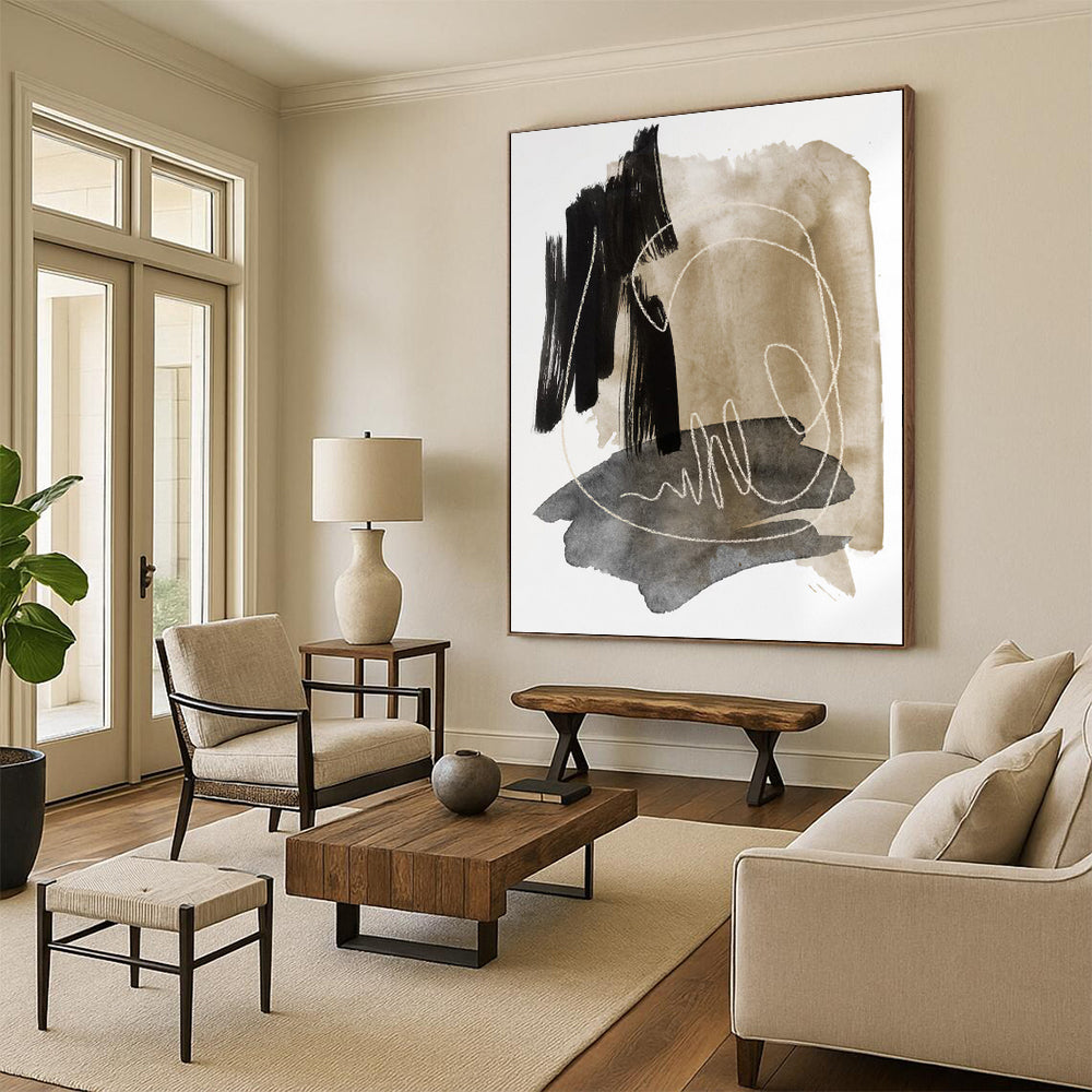 “Ink - Wash Abstract with White Lines” - Black, Beige & Gray Watercolor - Style Painting On Canvas DKH0969