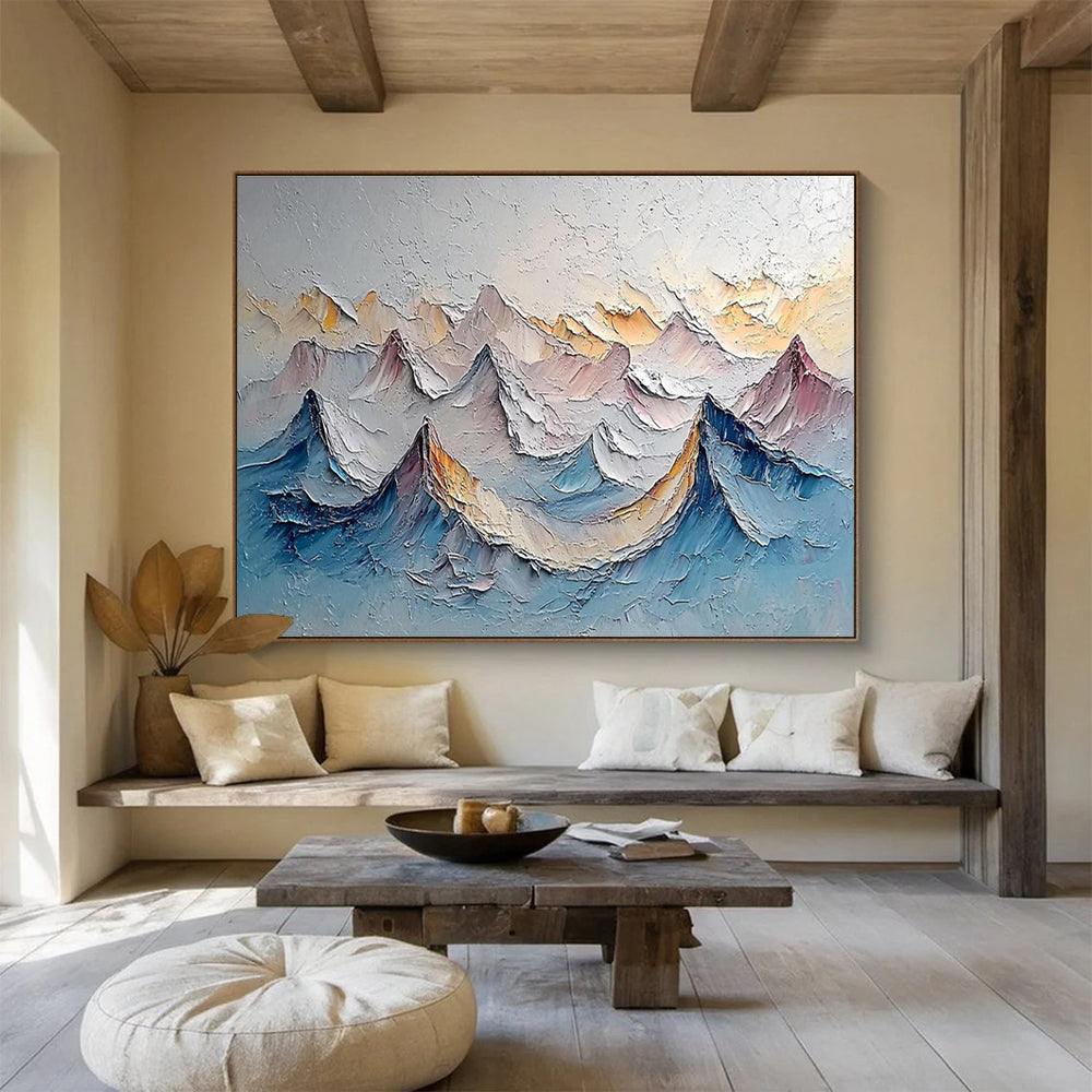Layered Mountain Peaks - Gray, Blue & Yellow Landscape Painting On Canvas DKH902