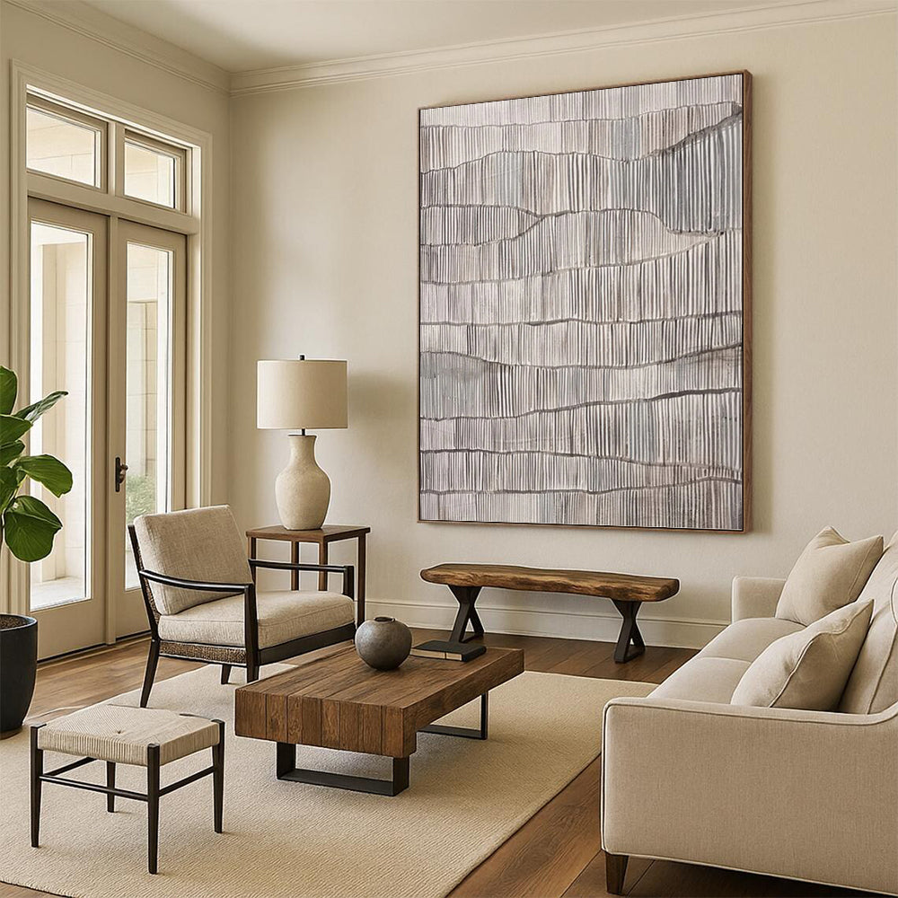 “Gray Textured Ridges” - Gray & White Minimalist Textured Painting On Canvas DKH1031