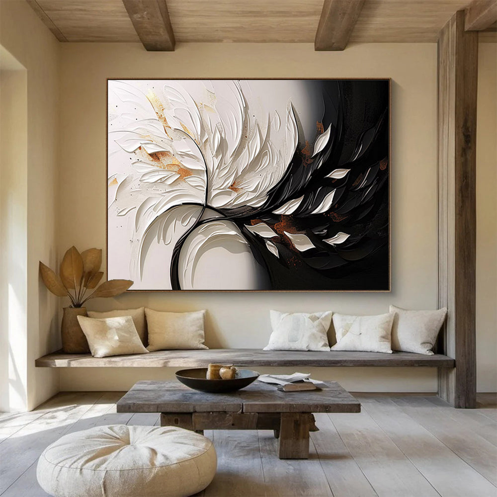 “3D White & Black Floral Burst” - White, Black, Gold Textured Floral Painting On Canvas DKH746