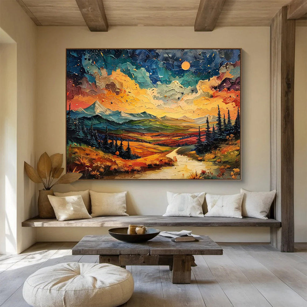 “Vibrant Mountain Sunset”:Colorful Impasto Landscape Painting On Canvas DKH252