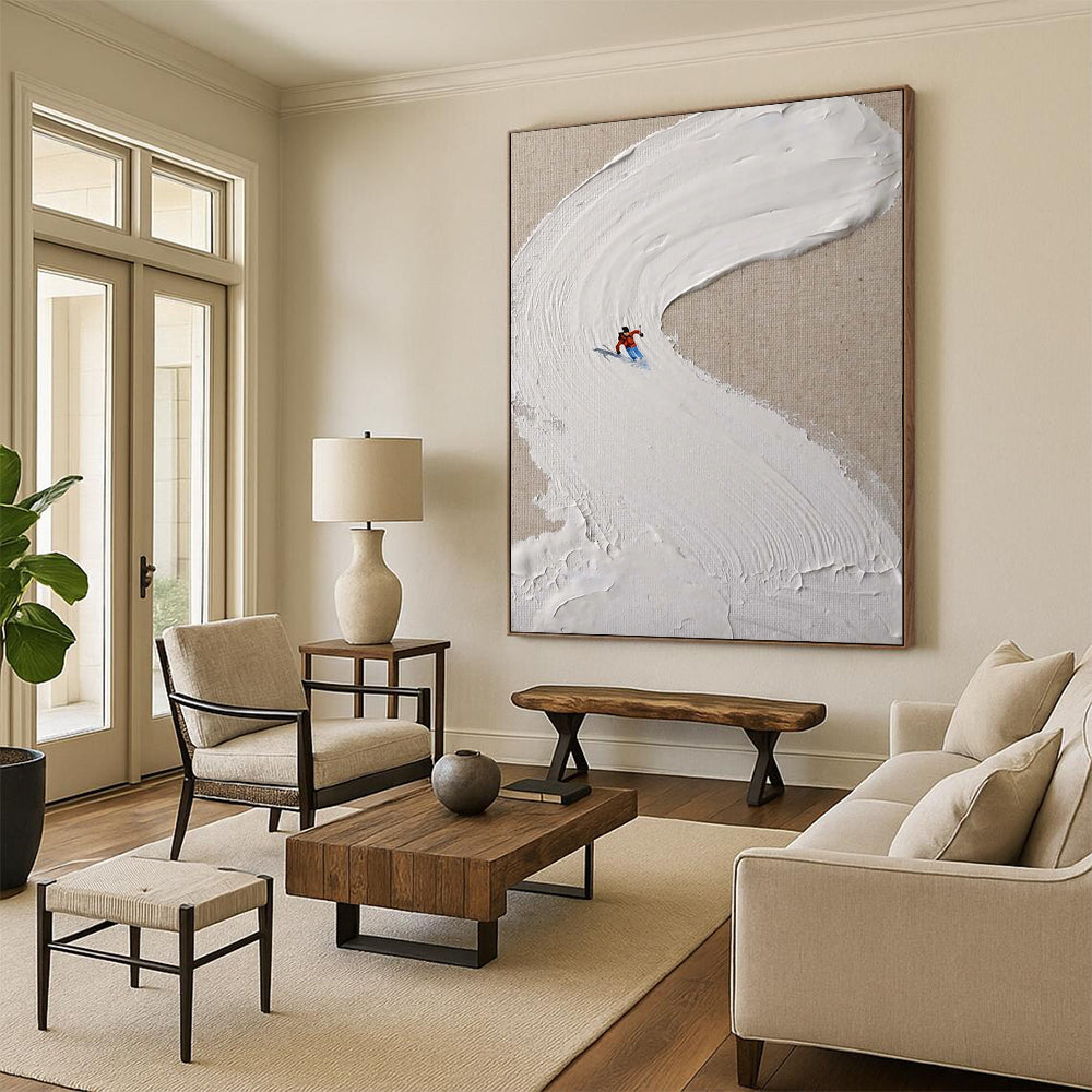 “White, Red, Blue Skiing Scene ‘Snowy Trail’” - Impasto Ski Landscape Painting On Canvas DTP311