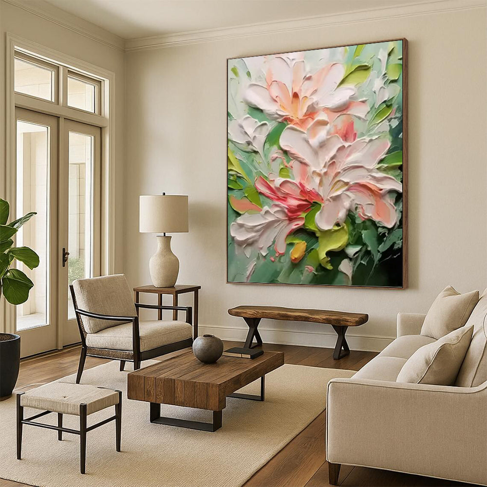 Pink and Green Floral Impasto - Textured Flower Painting On Canvas DKH1396