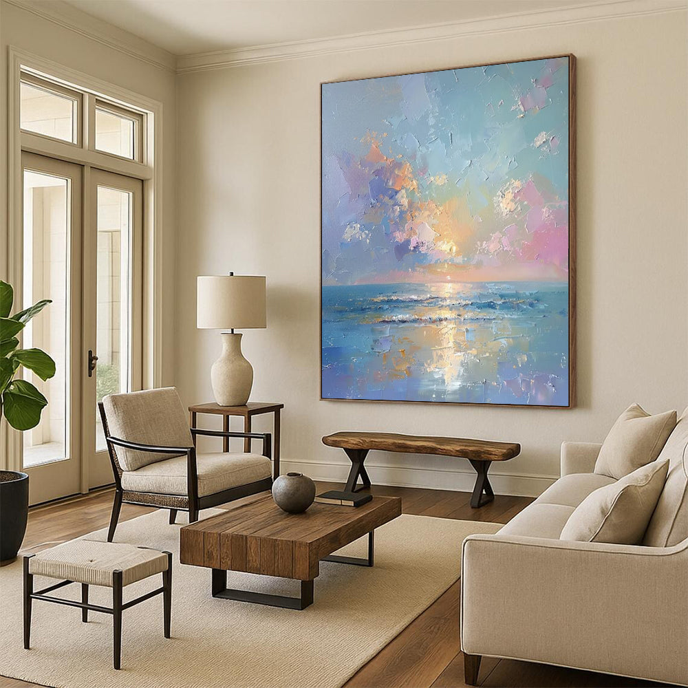 “Pastel Sea Sunset” - Blue, Pink & Orange Seaside Sunset Painting On Canvas CT2202